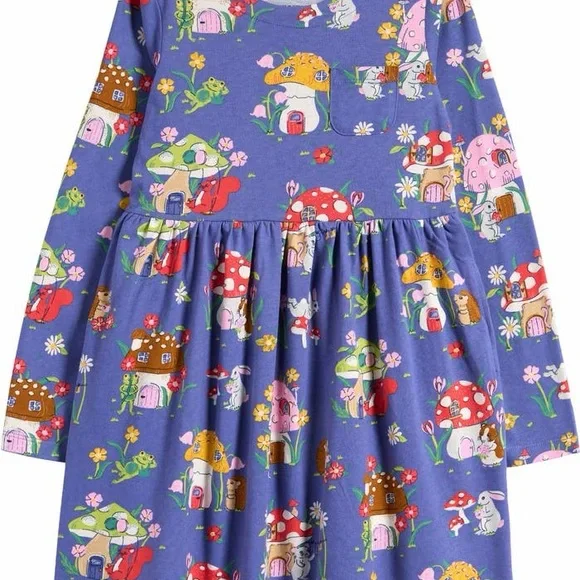 Mini Boden Toadstool Print Long-sleeve Cotton dress | size 7-8 - Picture 3 of 12